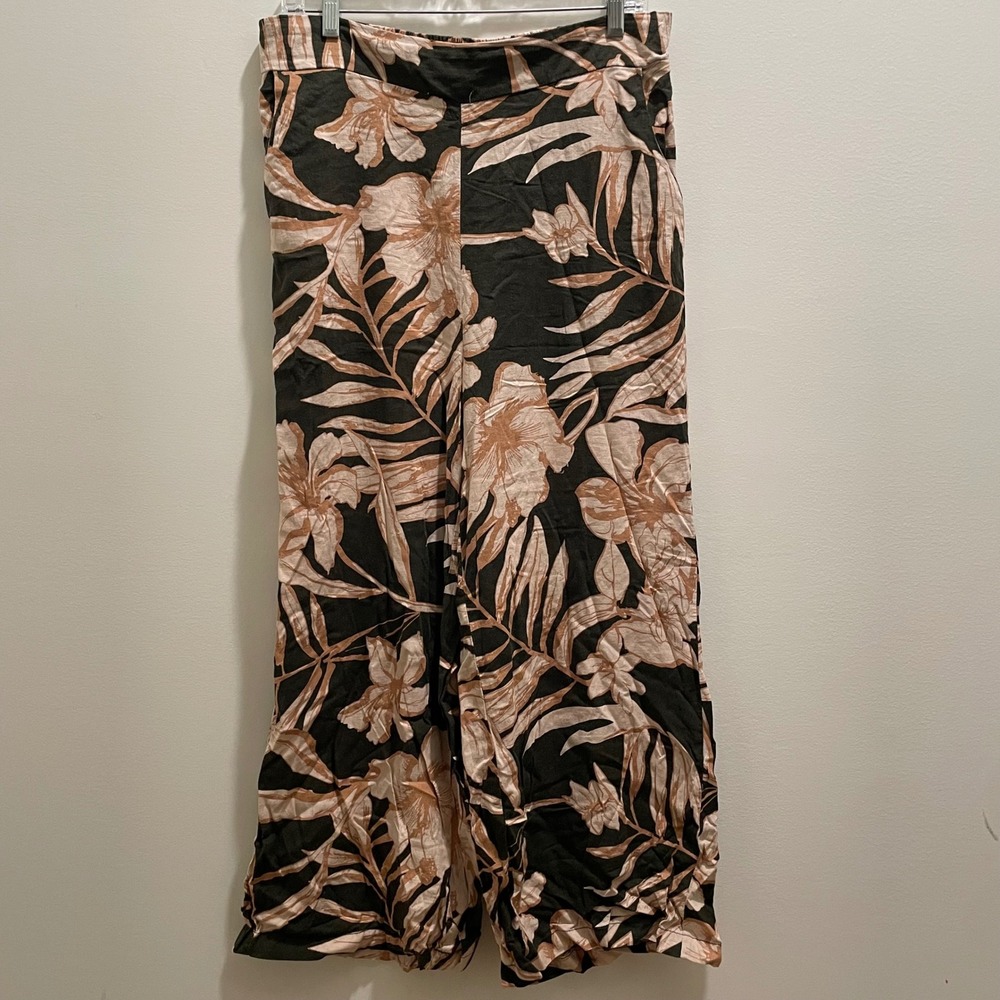 Rachel Zoe Womens Tropical Floral Linen Blend Wide Leg Pants Black Tan Large